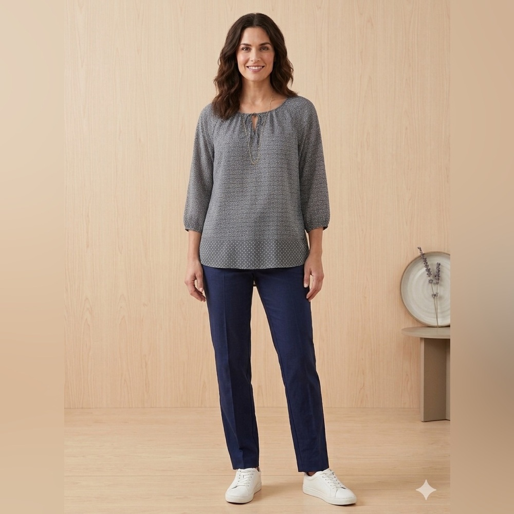 Fred David Navy and White Geometric Tie-Front Blouse